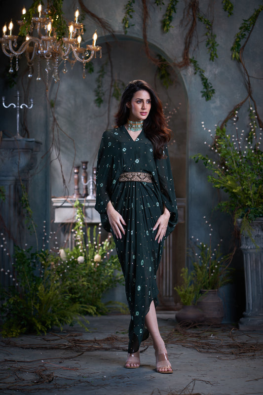 Bottle Green Chinon Batik Midi Dress With Belt