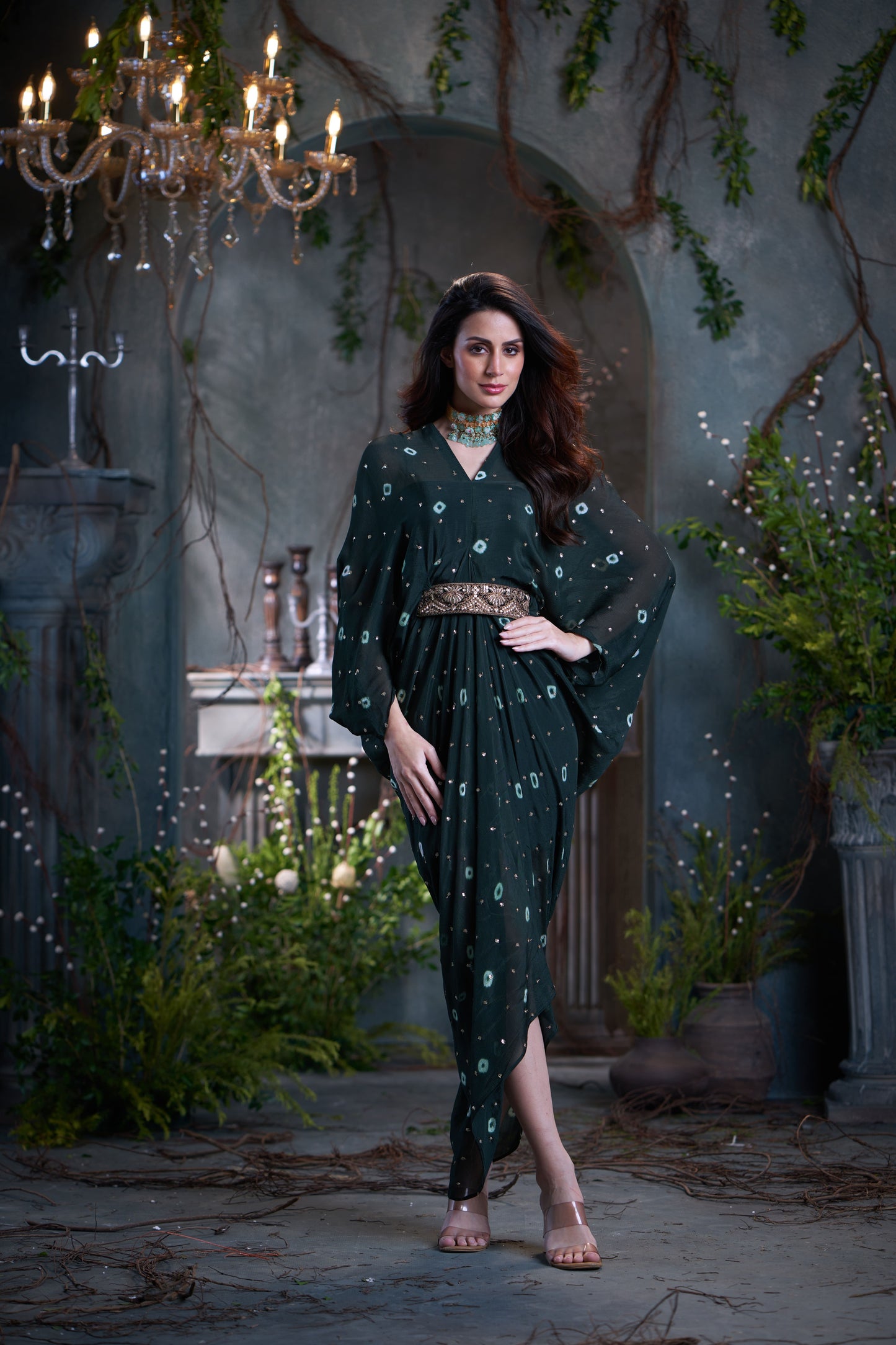 Bottle Green Chinon Batik Midi Dress With Belt