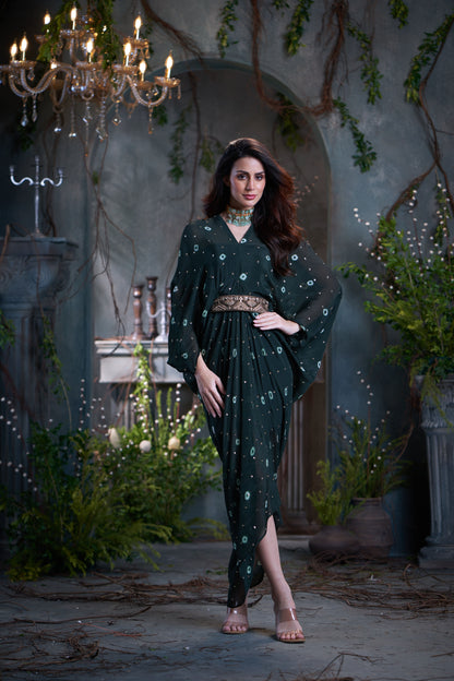 Bottle Green Chinon Batik Midi Dress With Belt