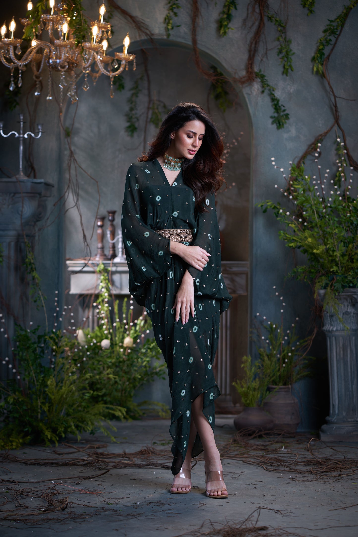 Bottle Green Chinon Batik Midi Dress With Belt