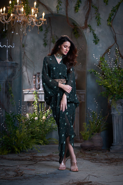 Bottle Green Chinon Batik Midi Dress With Belt