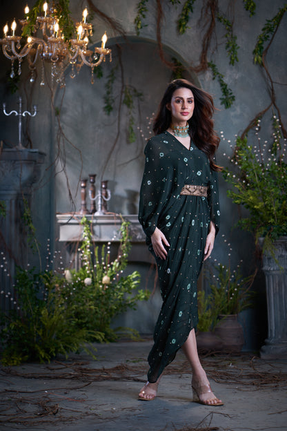 Bottle Green Chinon Batik Midi Dress With Belt