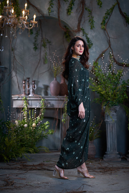 Bottle Green Chinon Batik Midi Dress With Belt