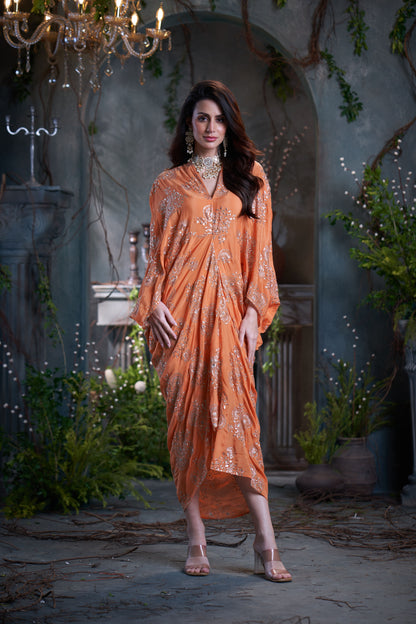 Peach Chinon Embroidered Midi Dress