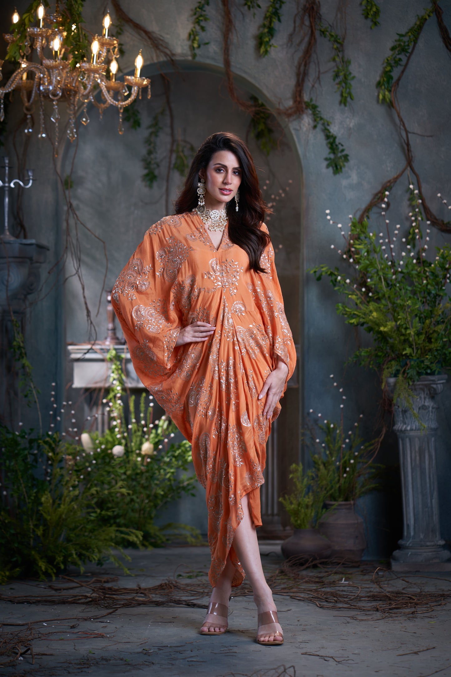 Peach Chinon Embroidered Midi Dress