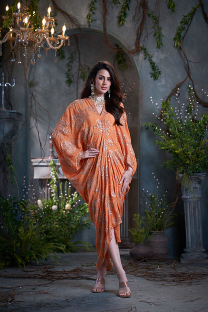 Peach Chinon Embroidered Midi Dress