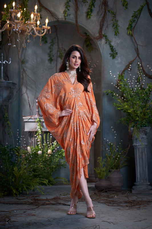 Peach Chinon Embroidered Midi Dress