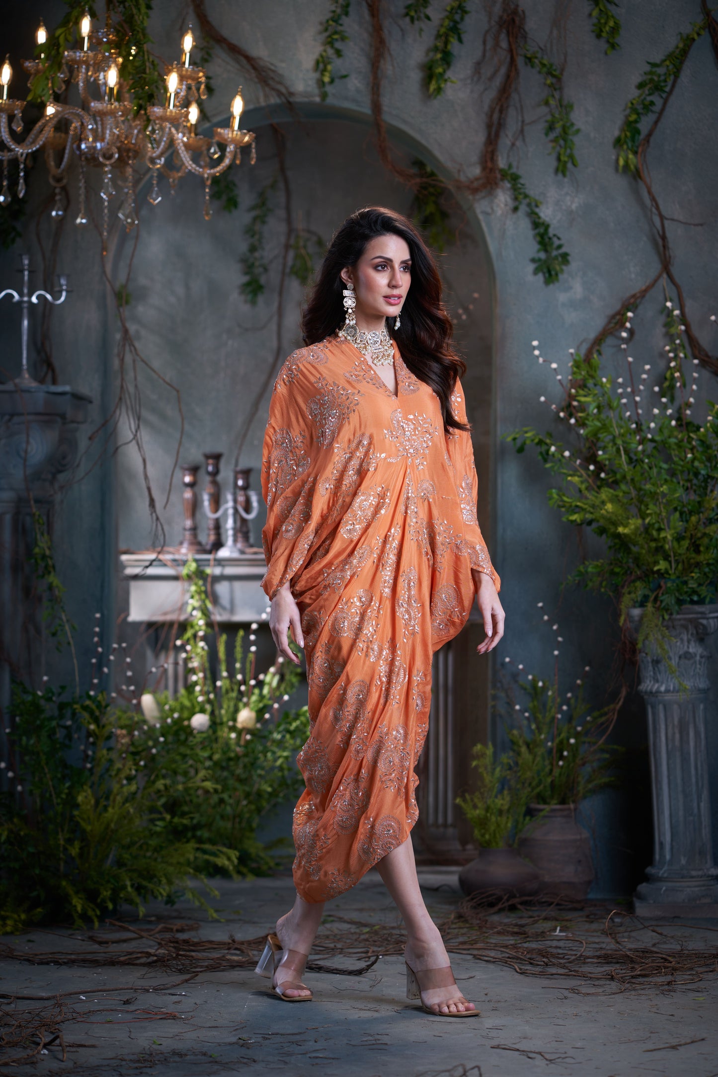 Peach Chinon Embroidered Midi Dress