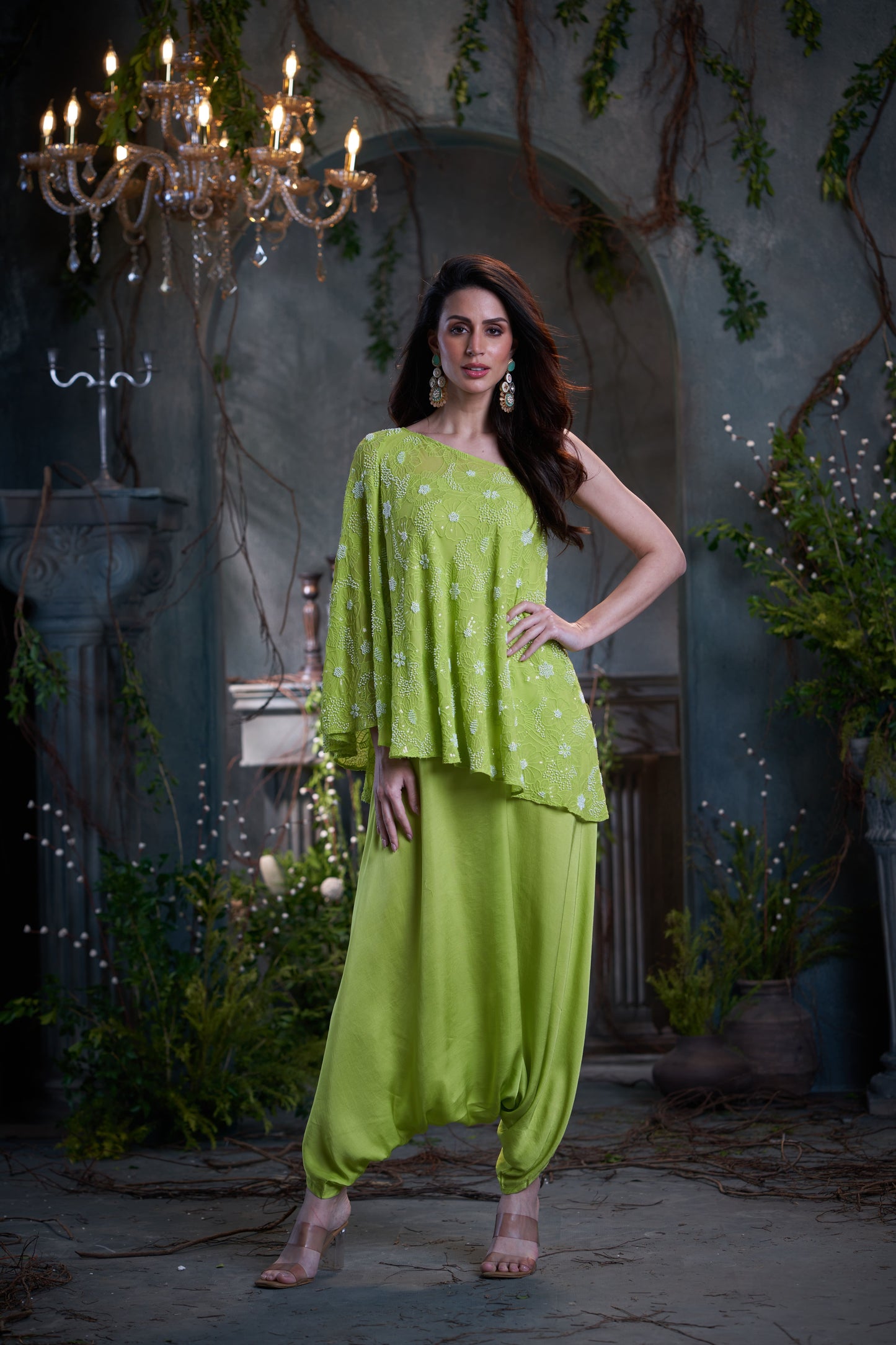 Green Georgette & Silk Beaded One Shoulder Top With Jumper