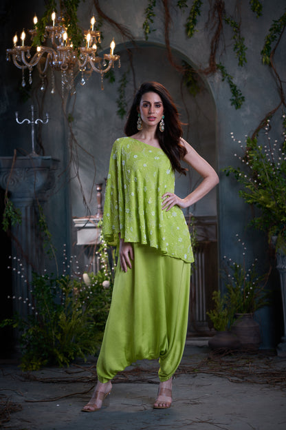 Green Georgette & Silk Beaded One Shoulder Top With Jumper