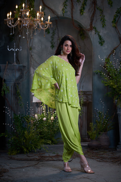 Green Georgette & Silk Beaded One Shoulder Top With Jumper