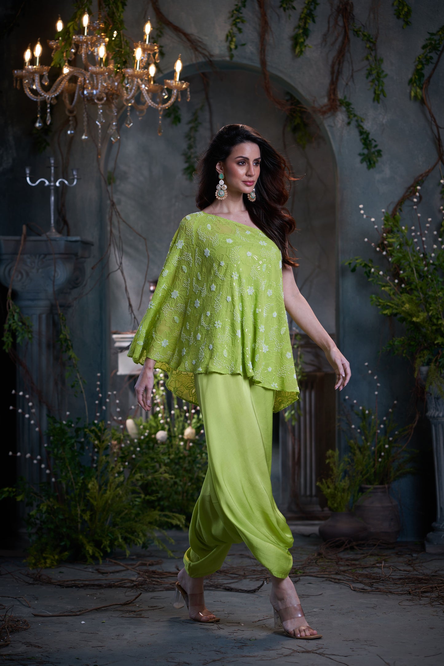 Green Georgette & Silk Beaded One Shoulder Top With Jumper
