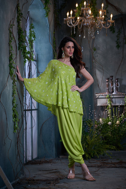 Green Georgette & Silk Beaded One Shoulder Top With Jumper