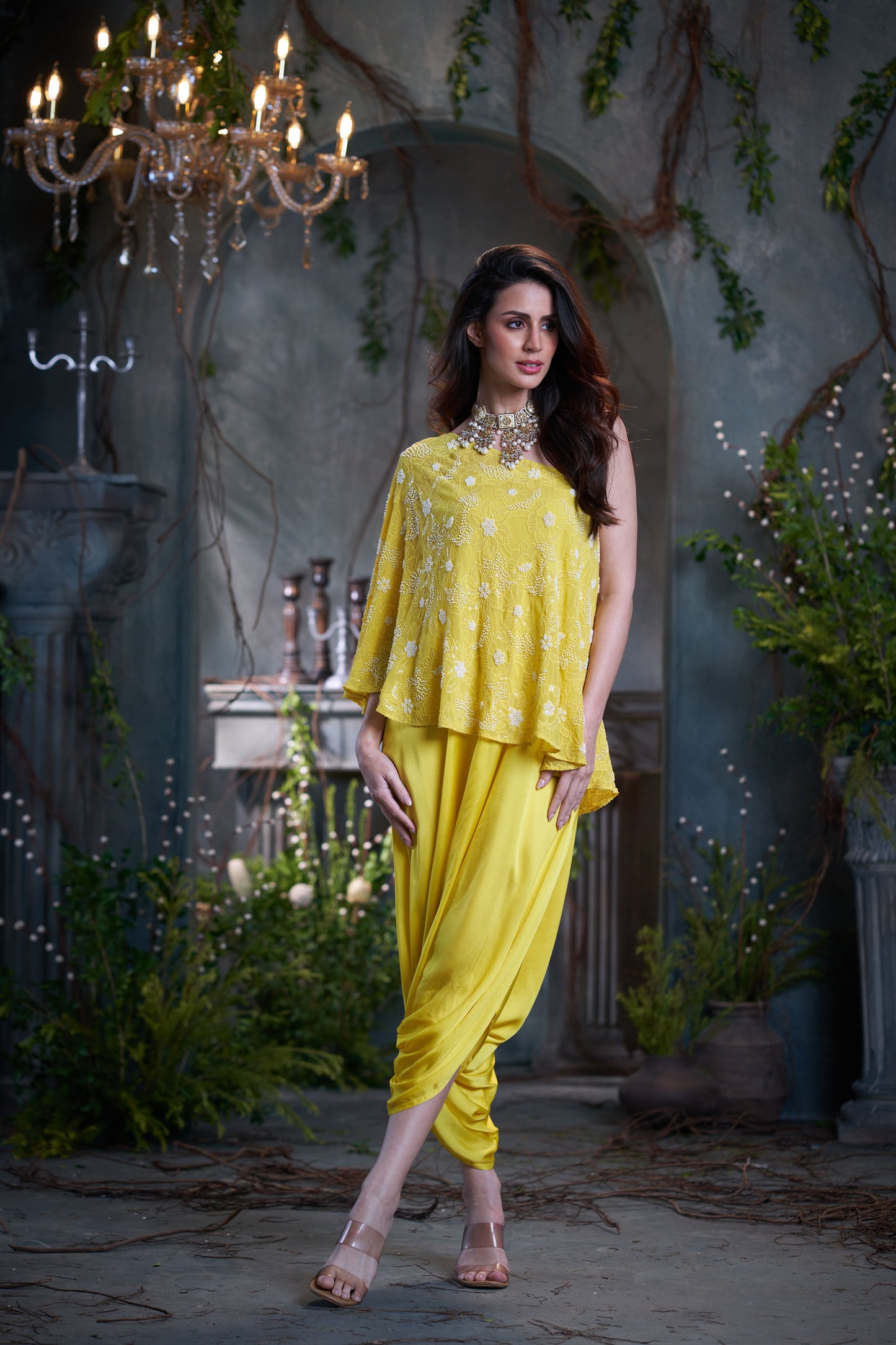 Yellow Georgette & Silk Beaded One Shoulder Top With Jumper