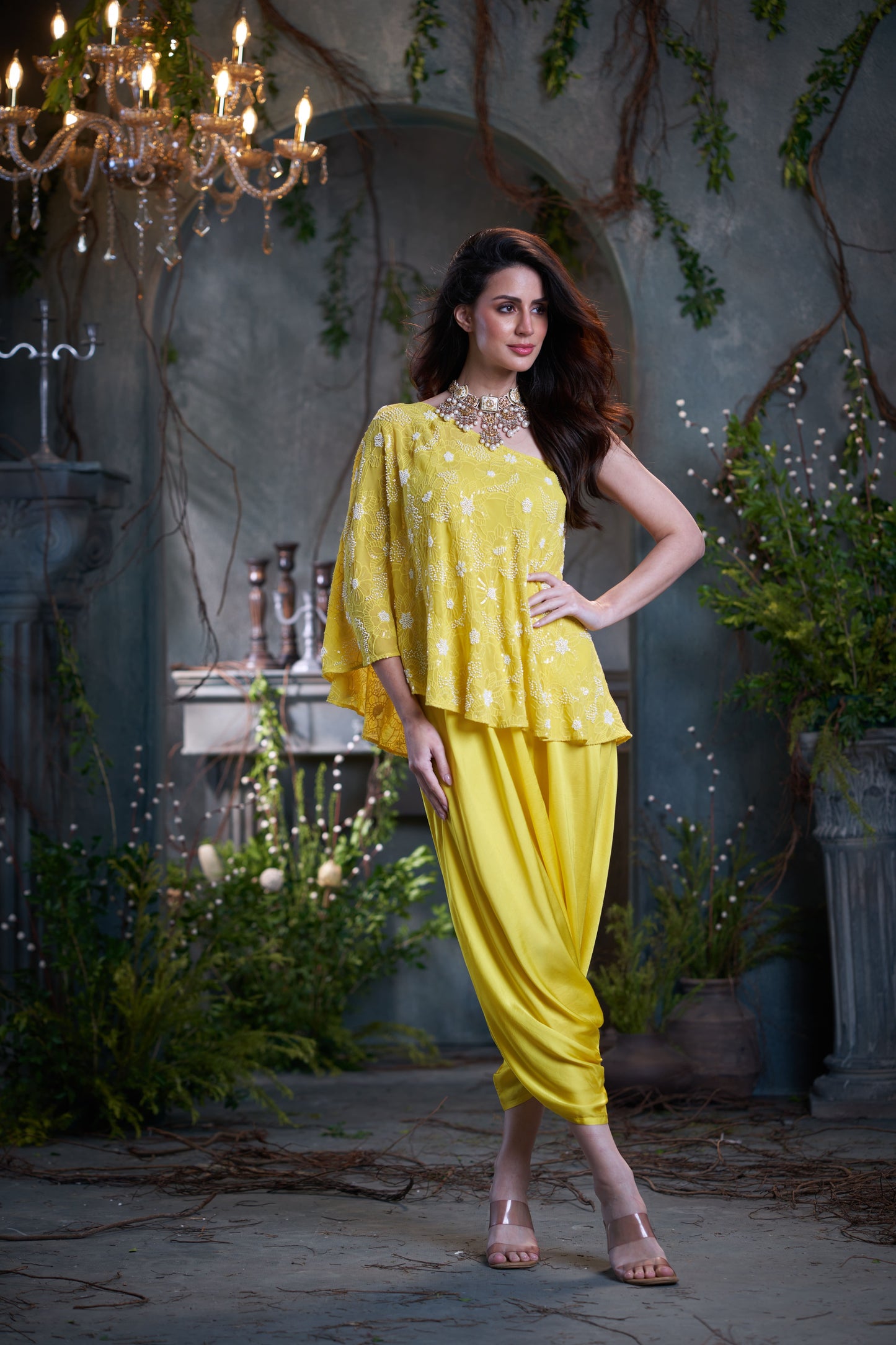 Yellow Georgette & Silk Beaded One Shoulder Top With Jumper