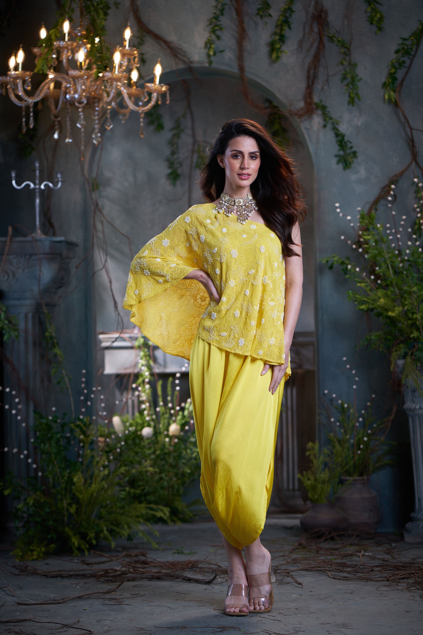 Yellow Georgette & Silk Beaded One Shoulder Top With Jumper