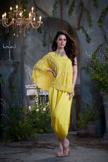 Yellow Georgette & Silk Beaded One Shoulder Top With Jumper