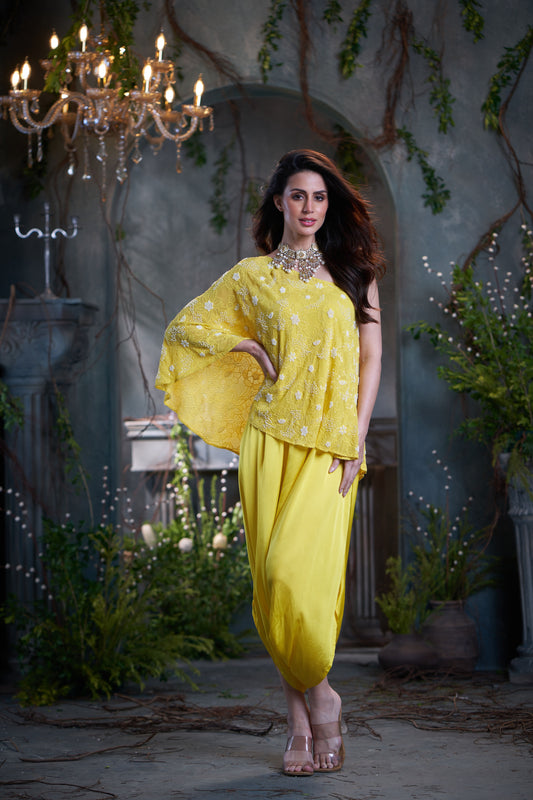 Yellow Georgette & Silk Beaded One Shoulder Top With Jumper
