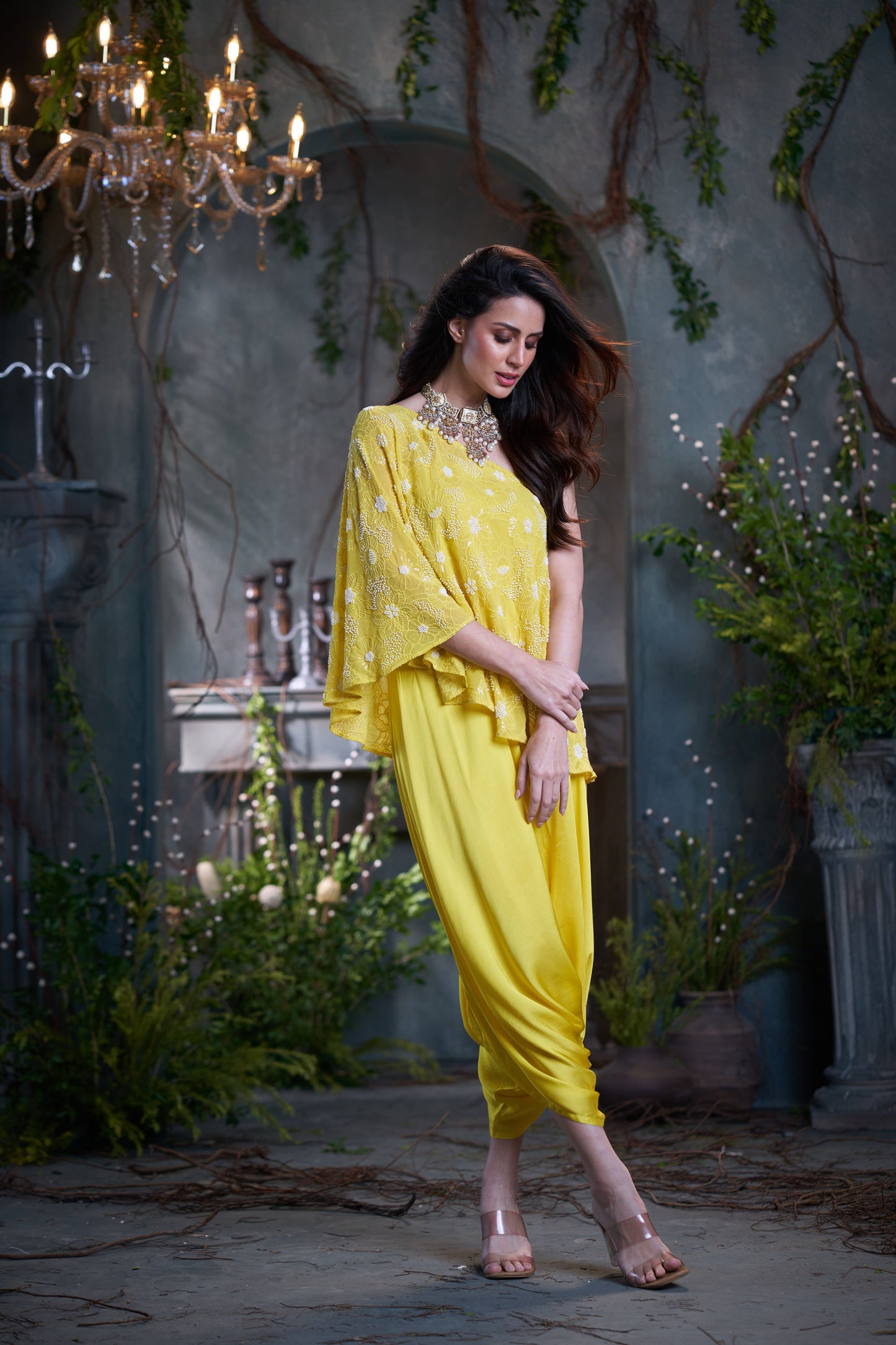 Yellow Georgette & Silk Beaded One Shoulder Top With Jumper
