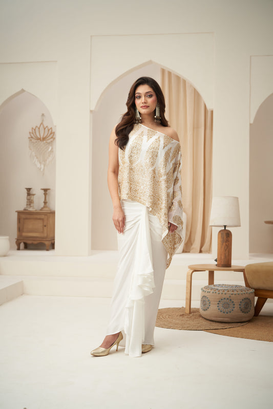 White Embroidered Boat Neck Top With Front Pleated Skirt