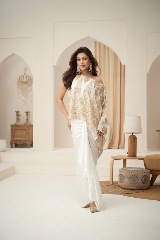 White Embroidered Boat Neck Top With Front Pleated Skirt