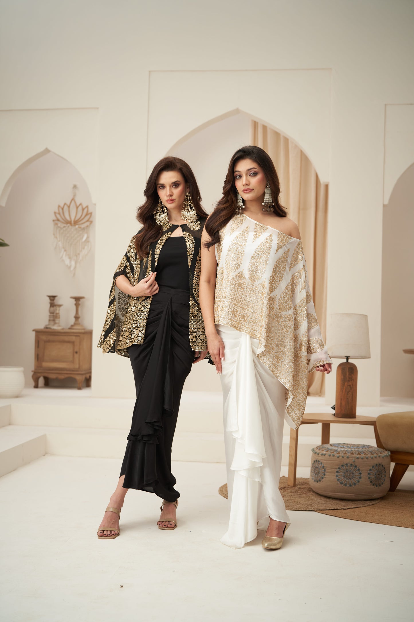 Black Embroidered Cape Jacket With Front Pleated Skirt