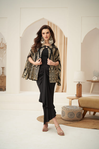 Black Embroidered Cape Jacket With Front Pleated Skirt
