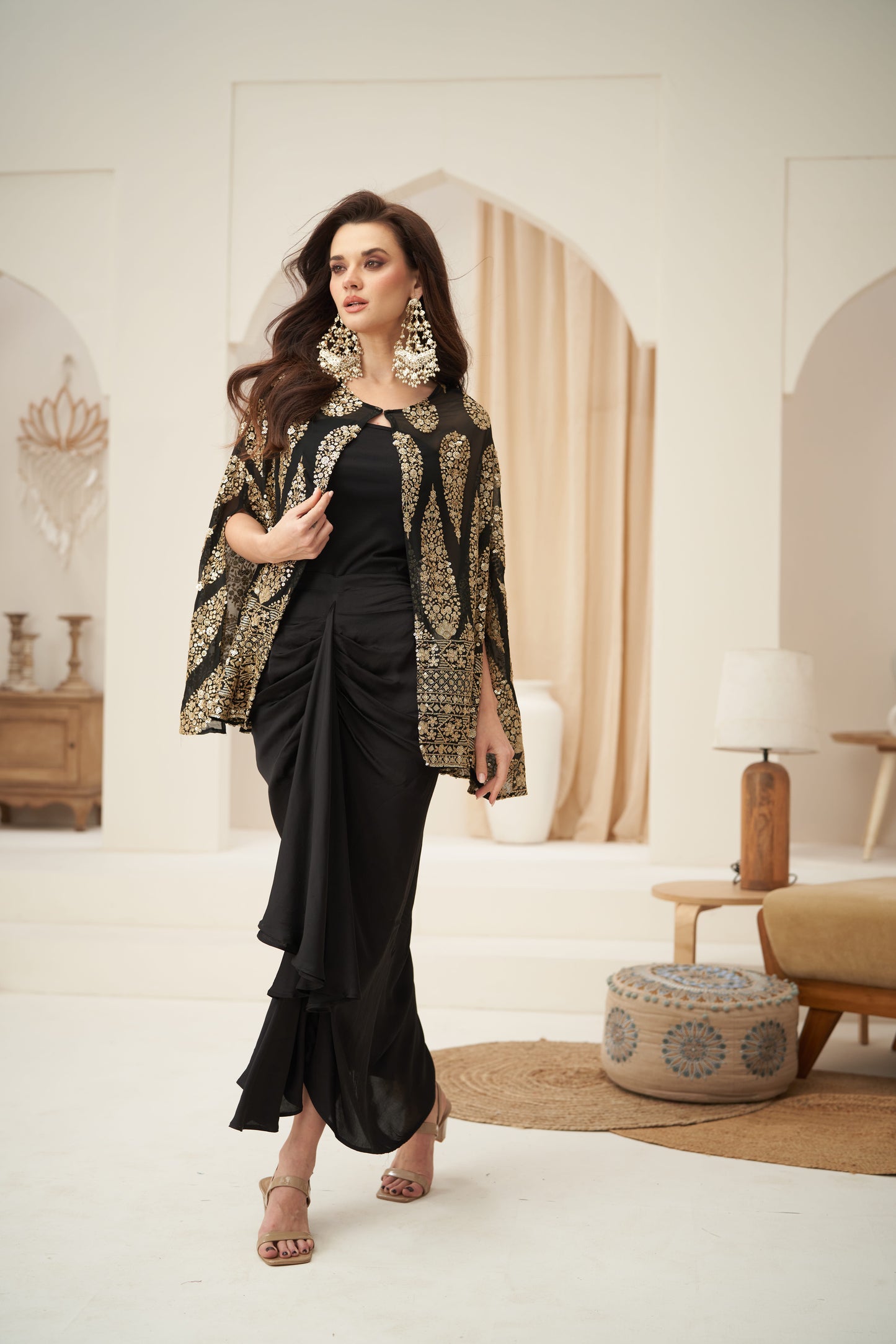 Black Embroidered Cape Jacket With Front Pleated Skirt