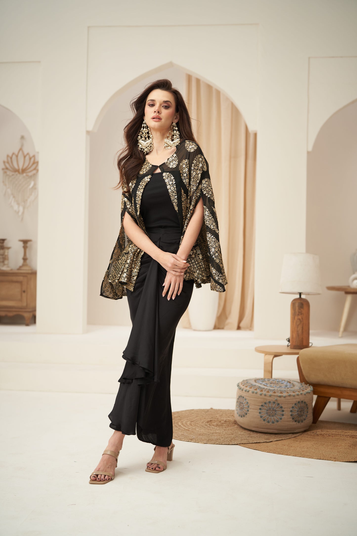Black Embroidered Cape Jacket With Front Pleated Skirt