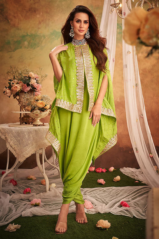 Green Georgette Lace & Boota Embroidered Cape With Jumper