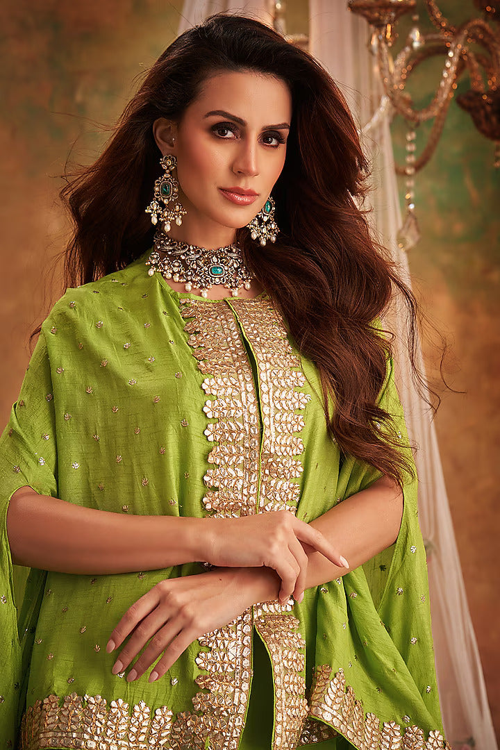Green Georgette Lace & Boota Embroidered Cape With Jumper