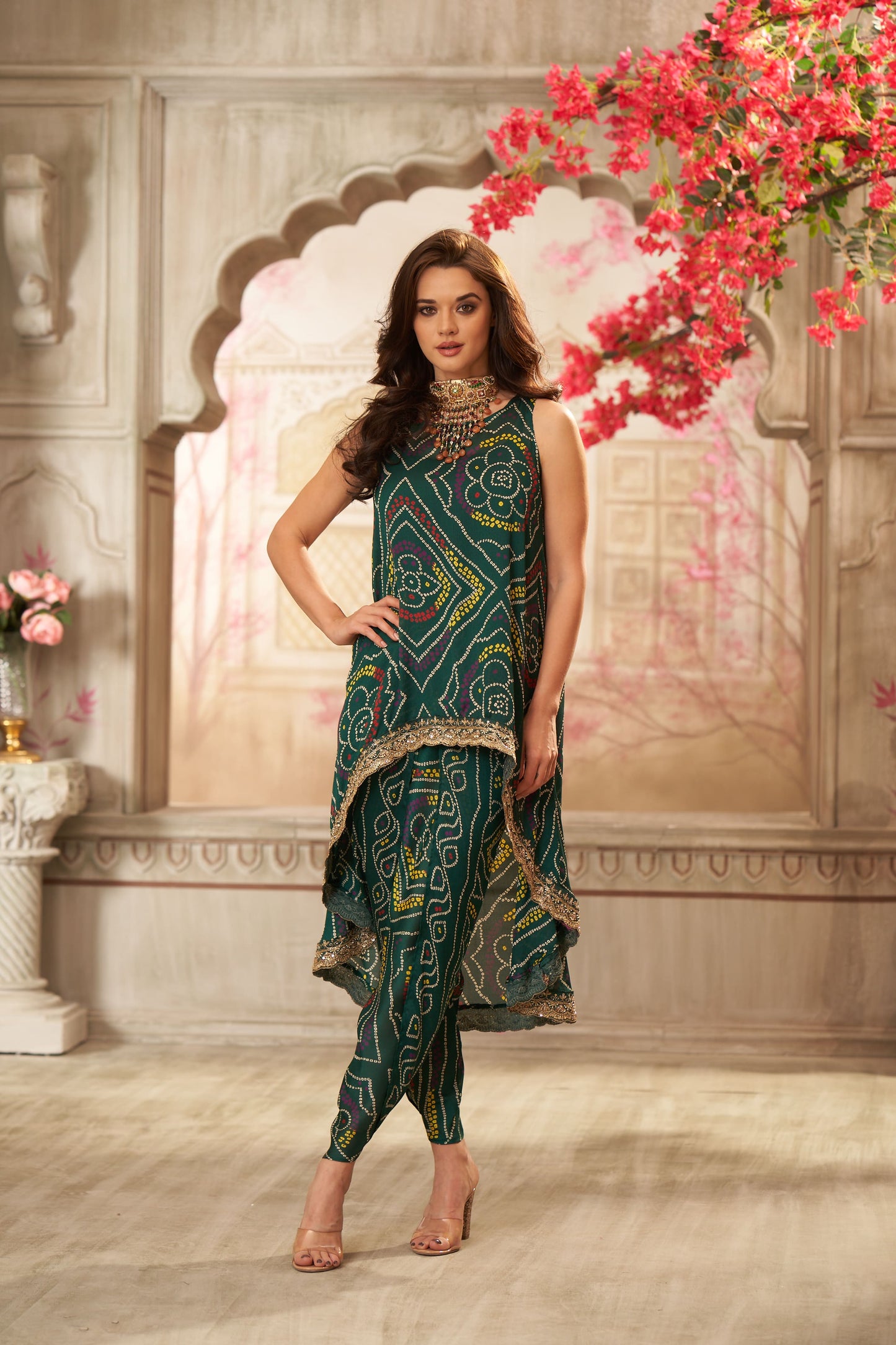 Bottle Green Bandhani & Dhoti Pants Coord Set