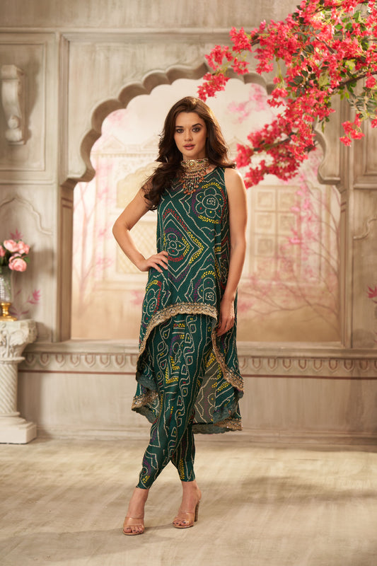 Bottle Green Bandhani & Dhoti Pants Coord Set