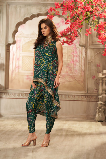 Bottle Green Bandhani & Dhoti Pants Coord Set