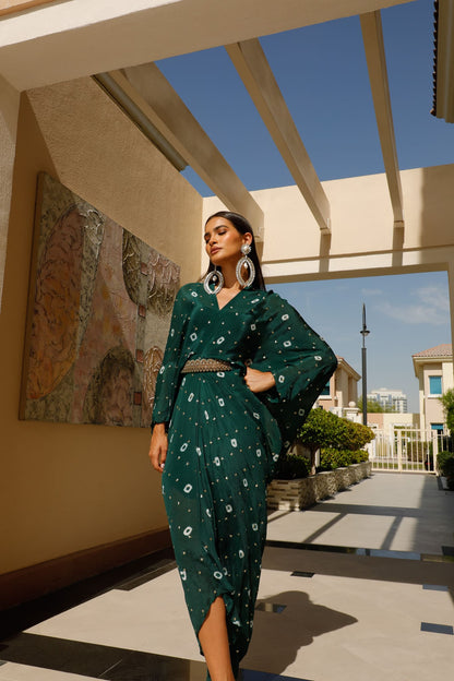 Bottle Green Chinon Batik Midi Dress With Belt