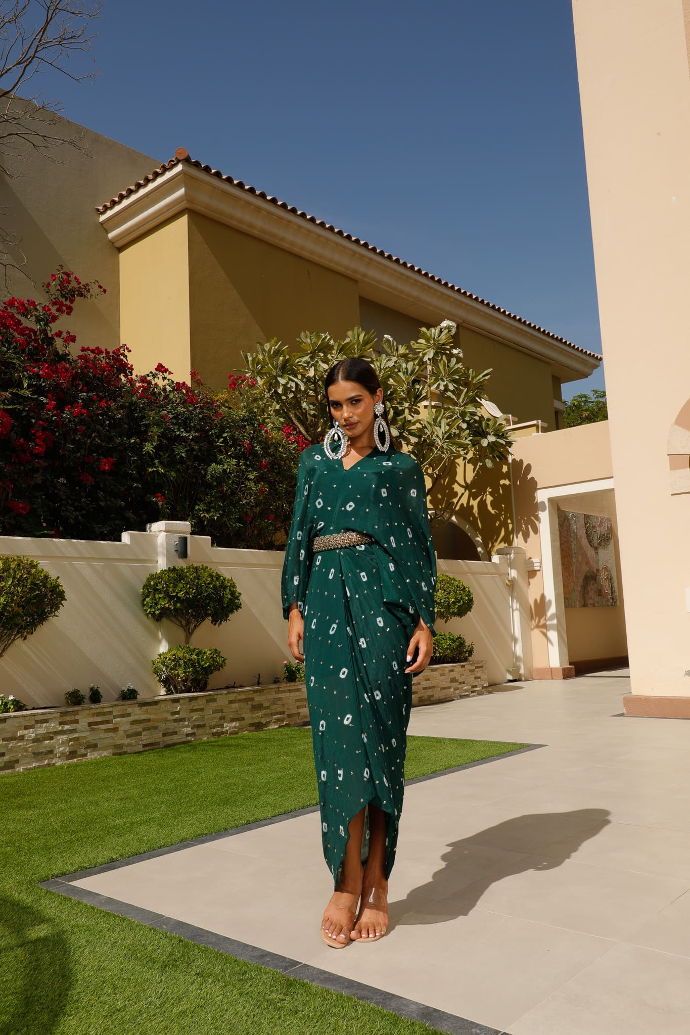 Bottle Green Chinon Batik Midi Dress With Belt