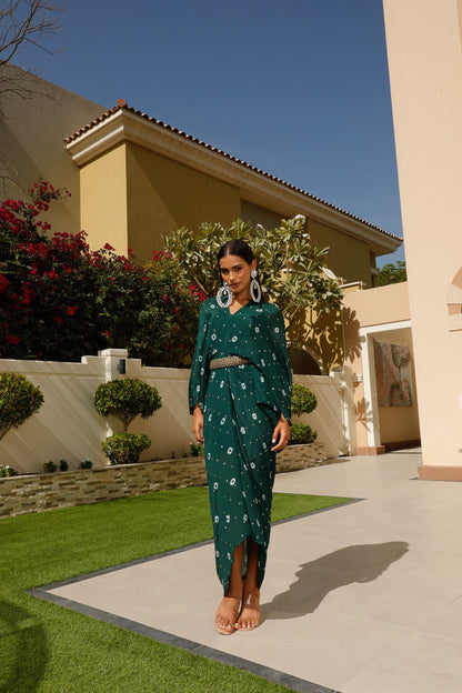 Bottle Green Chinon Batik Midi Dress With Belt