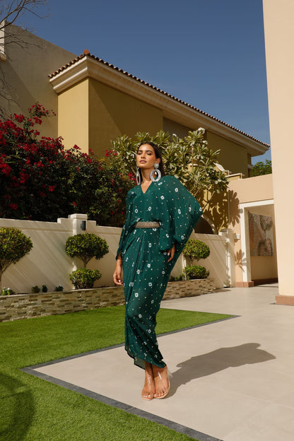 Bottle Green Chinon Batik Midi Dress With Belt