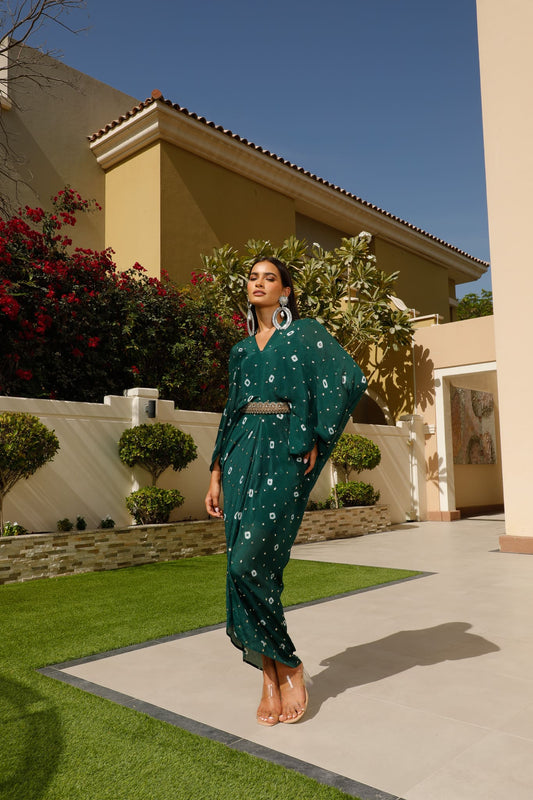 Bottle Green Chinon Batik Midi Dress With Belt