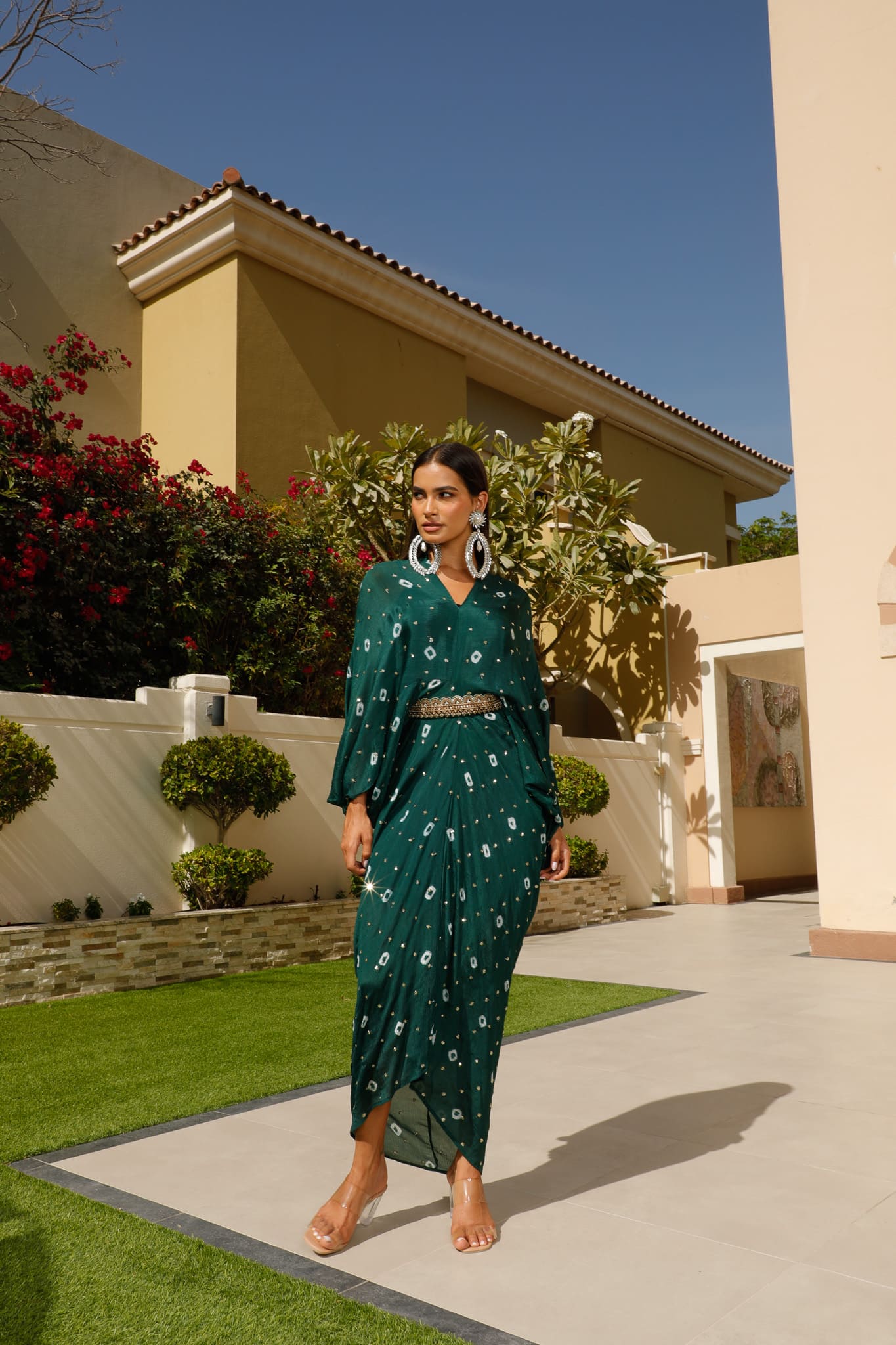 Bottle Green Chinon Batik Midi Dress With Belt