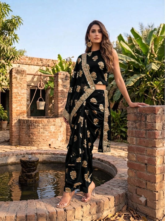 Black Contemporary Saree Draped Skirt Set