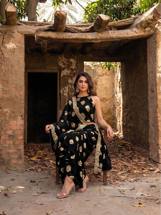 Black Contemporary Saree Draped Skirt Set