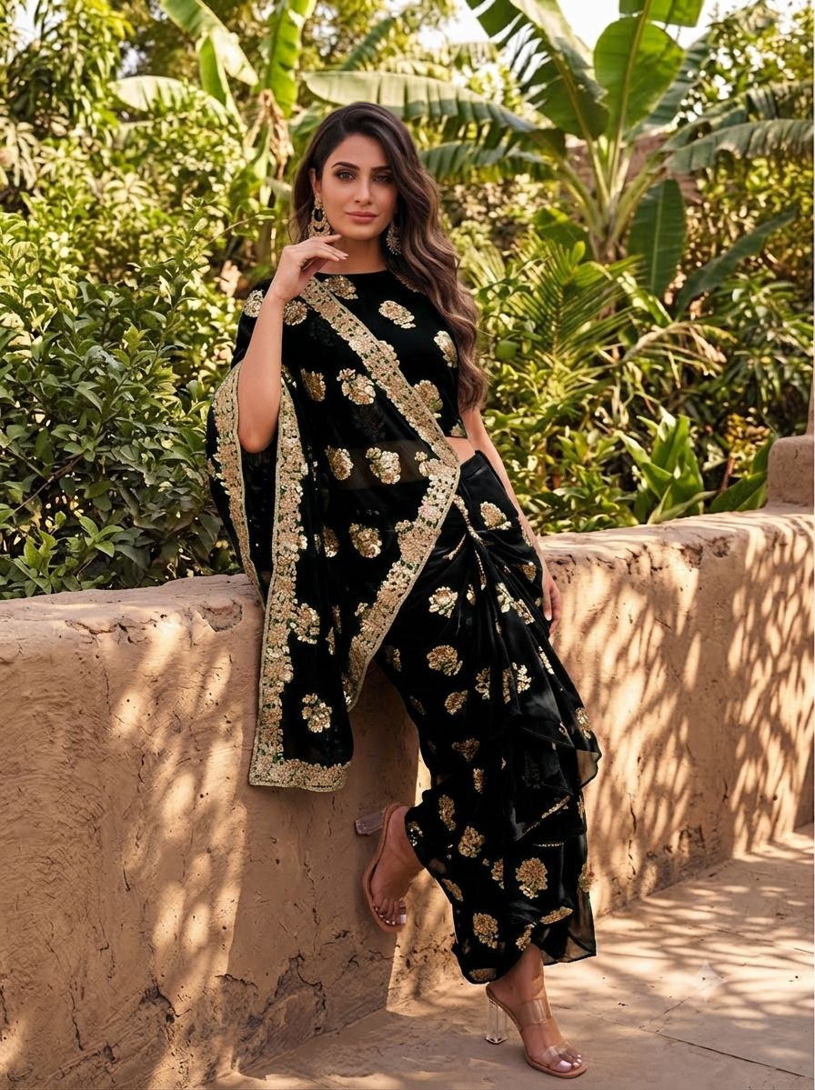 Black Contemporary Saree Draped Skirt Set