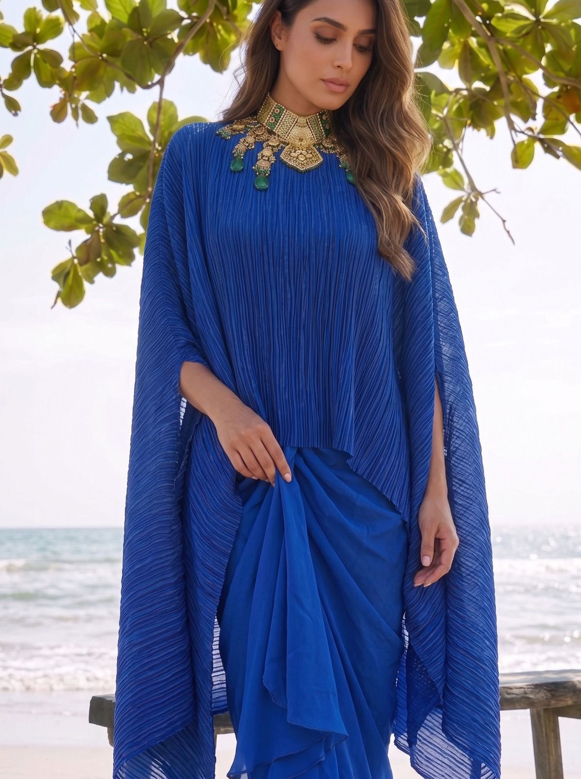 Crushed Blue Silk Cape & Skirt Set