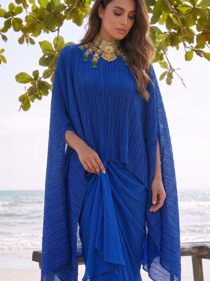Crushed Blue Silk Cape & Skirt Set
