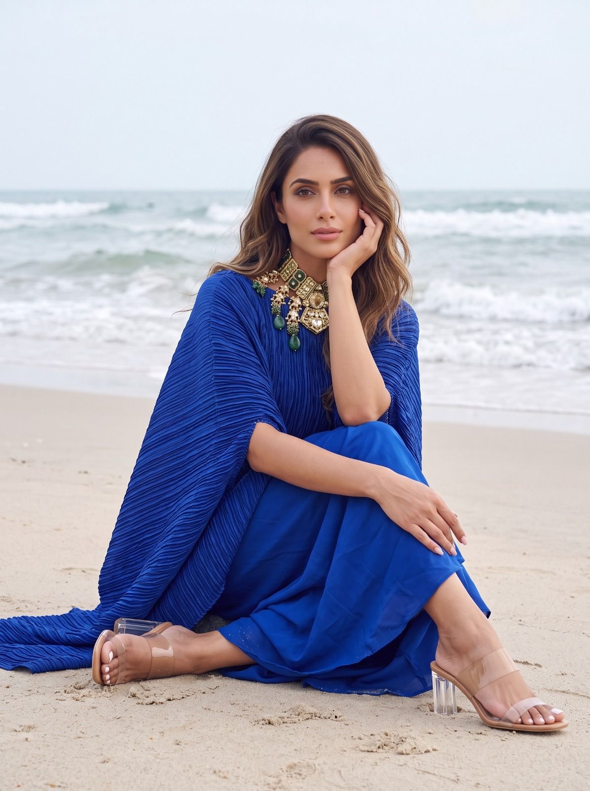 Crushed Blue Silk Cape & Skirt Set