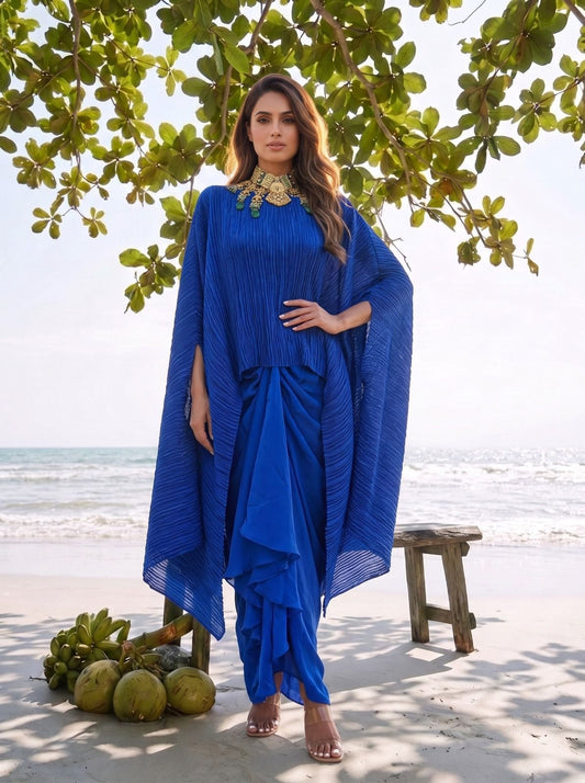 Crushed Blue Silk Cape & Skirt Set