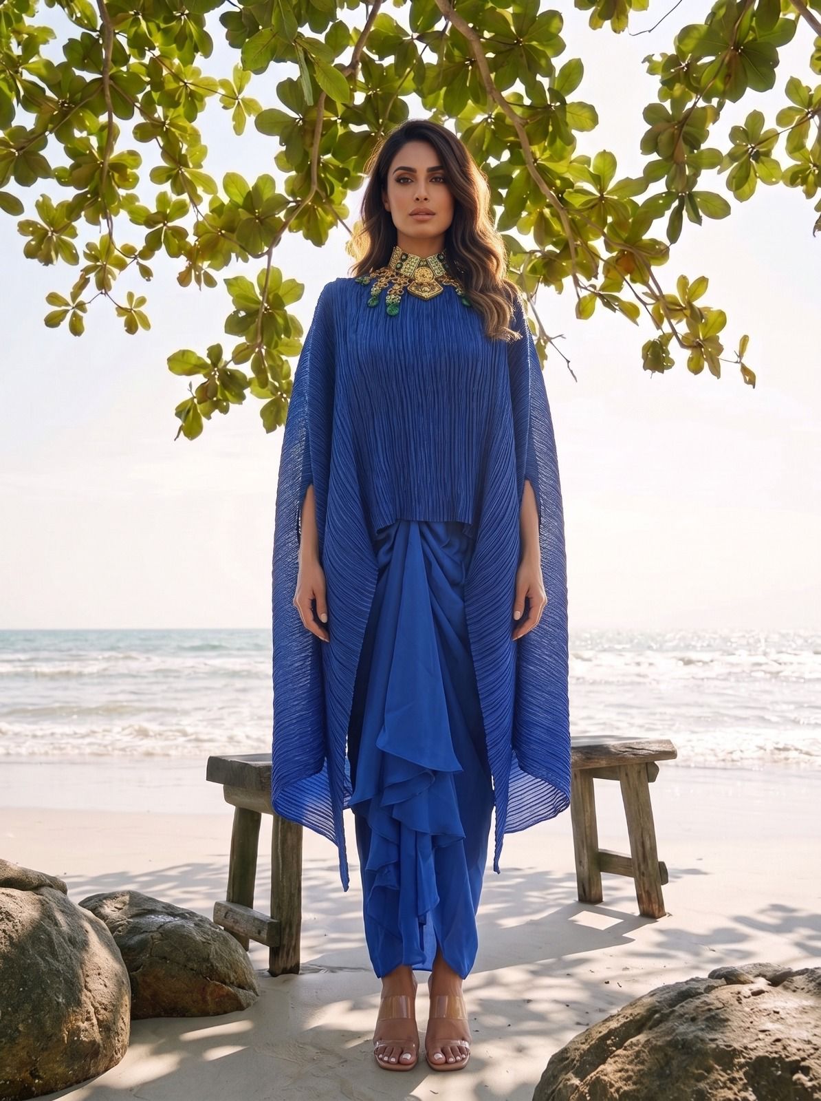 Crushed Blue Silk Cape & Skirt Set