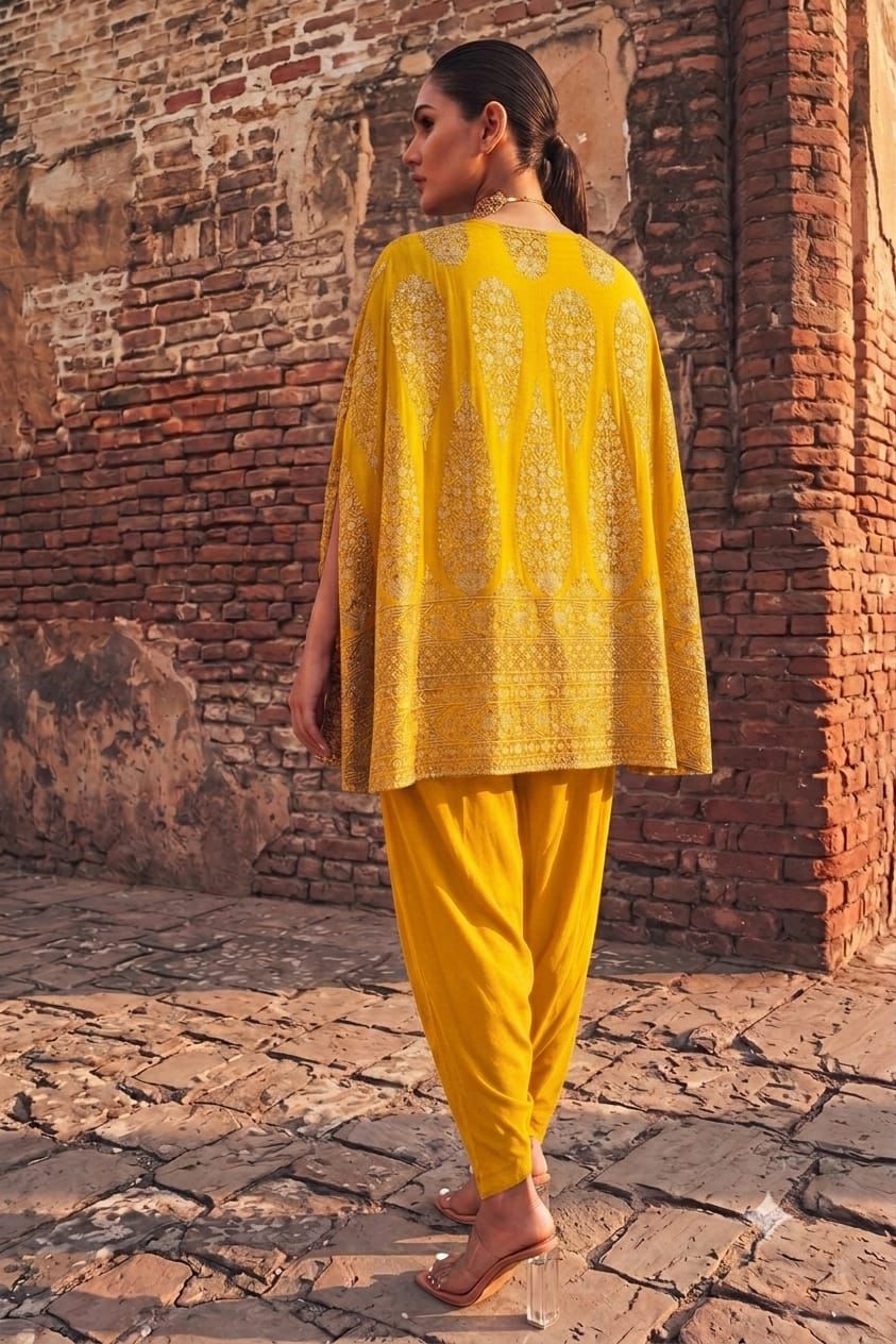 Mustard Embroidered Cape Jacket With Jumper