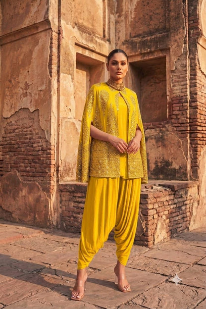 Mustard Embroidered Cape Jacket With Jumper